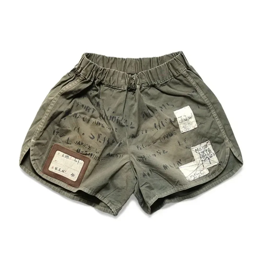 Fashion 21SS KAPITAL Hirata and Hiroshi Letters Distressed Elastic Waist Heavy Washed Casual Shorts