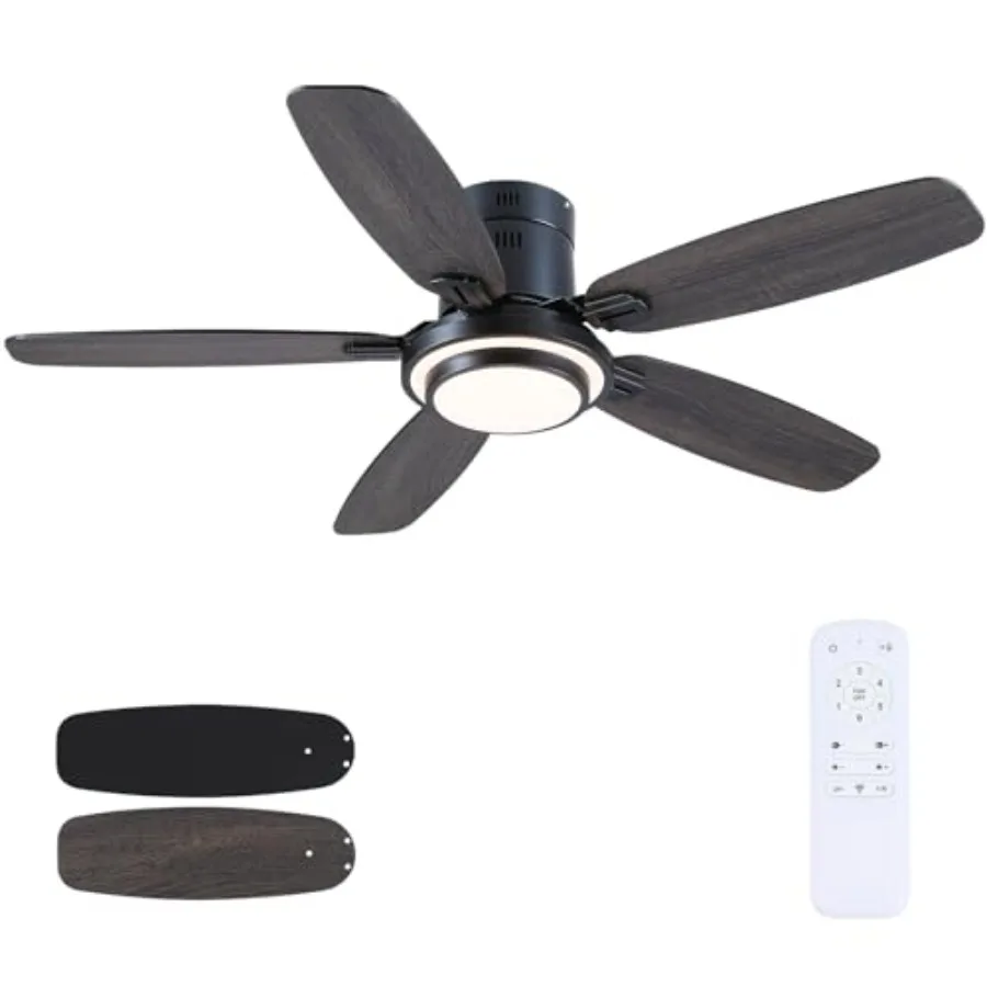 

Low Profile Ceiling Fan with Light and Remote, Modern Flush Mount Black Fan with Reversible Quiet DC Motor for Indoor Home Bedr