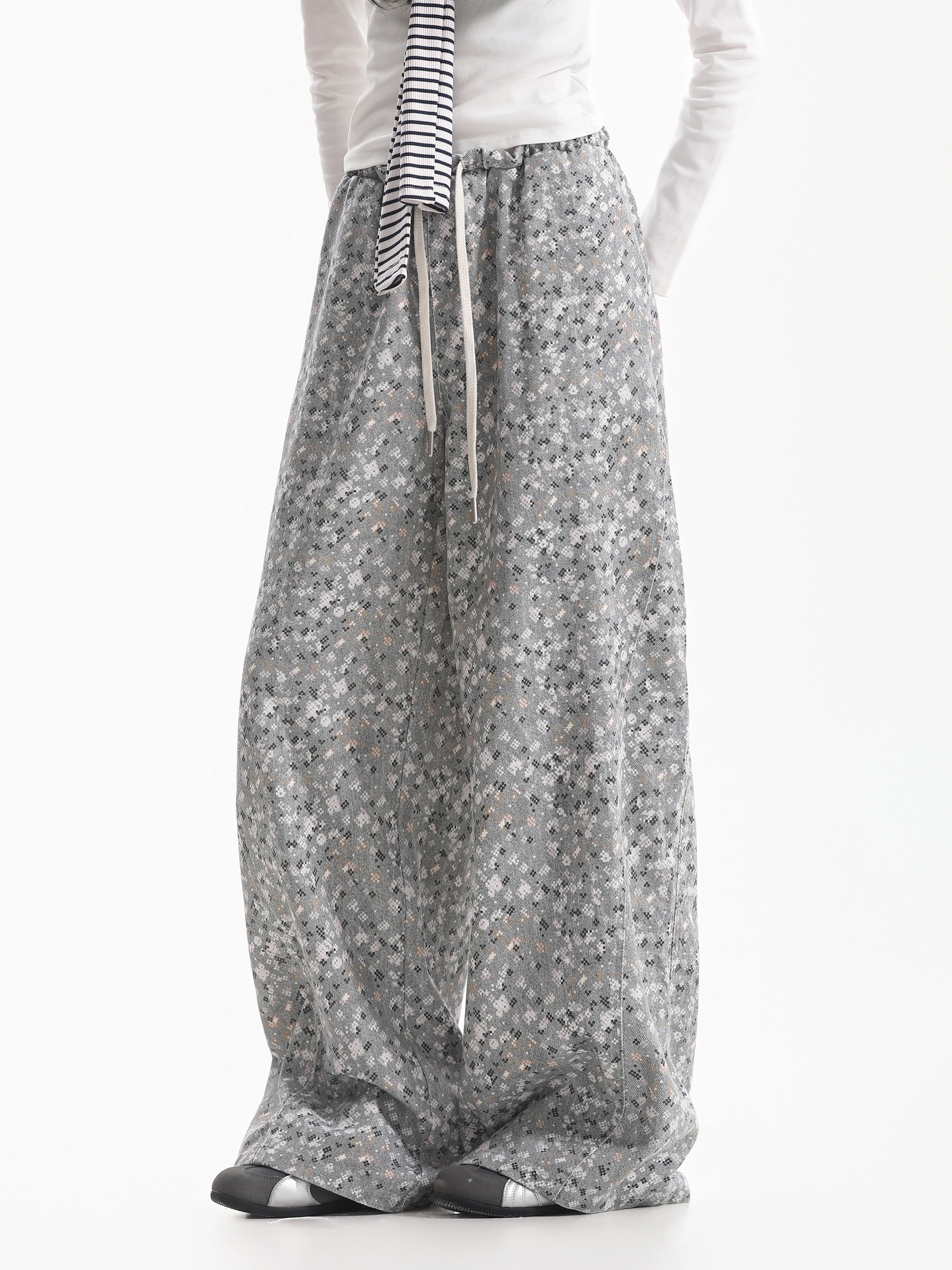 American Style Casual Loose Wide Leg Pants Floral Print Design Drawstring Drapey Floor-Length Trousers for Casual Wear