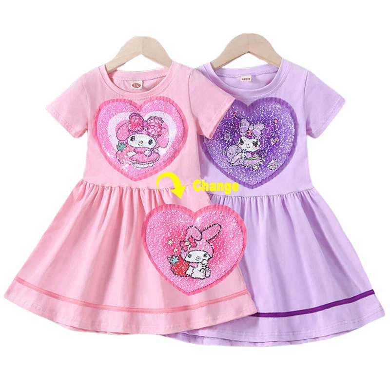 Summer Kids Sanrio Dress Clothes 2024 New Girls Kawaii Kuromi MyMelody Cinnamoroll Flip Sequins Princess Party Costume Vestidos