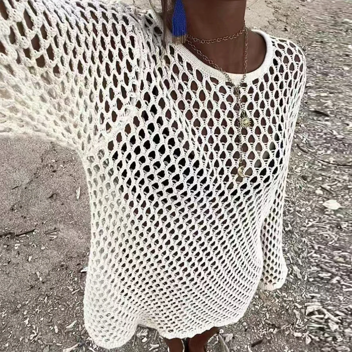 Summer Holiday Round Neck Knit Long Sleeve Casual Dress ,Beach Style Hollow Out Bikini Cover-Up With Fitted Plain Design