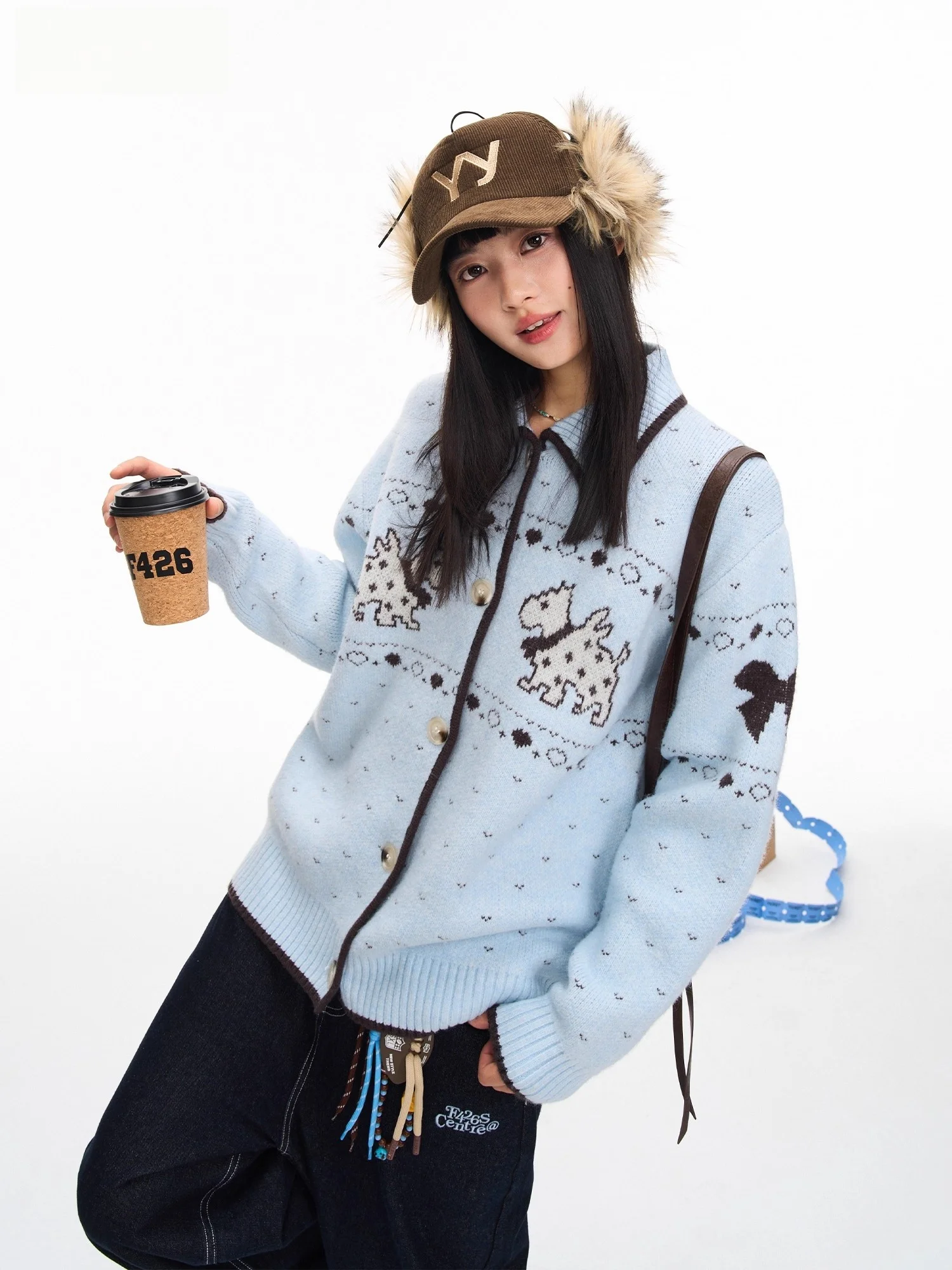 

Autumn Winter New Fashion Dog Jacquard Lapel Sweater Women's Temperament Long Sleeved Knitted Cardigan Beautiful Versatile Tops