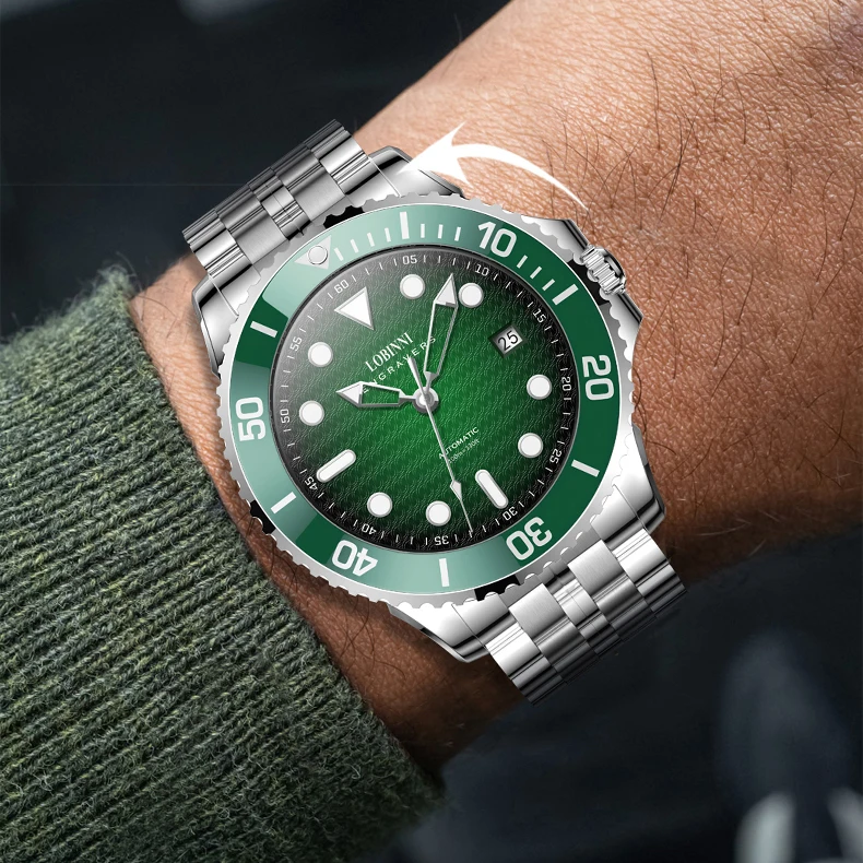 Lobinni ผู้ชายนาฬิกาอัตโนมัติ 41.5 มม.นาฬิกาข้อมือ 100 M กันน้ํา Sapphire Mirror เซรามิค BEZEL Miyota 8215