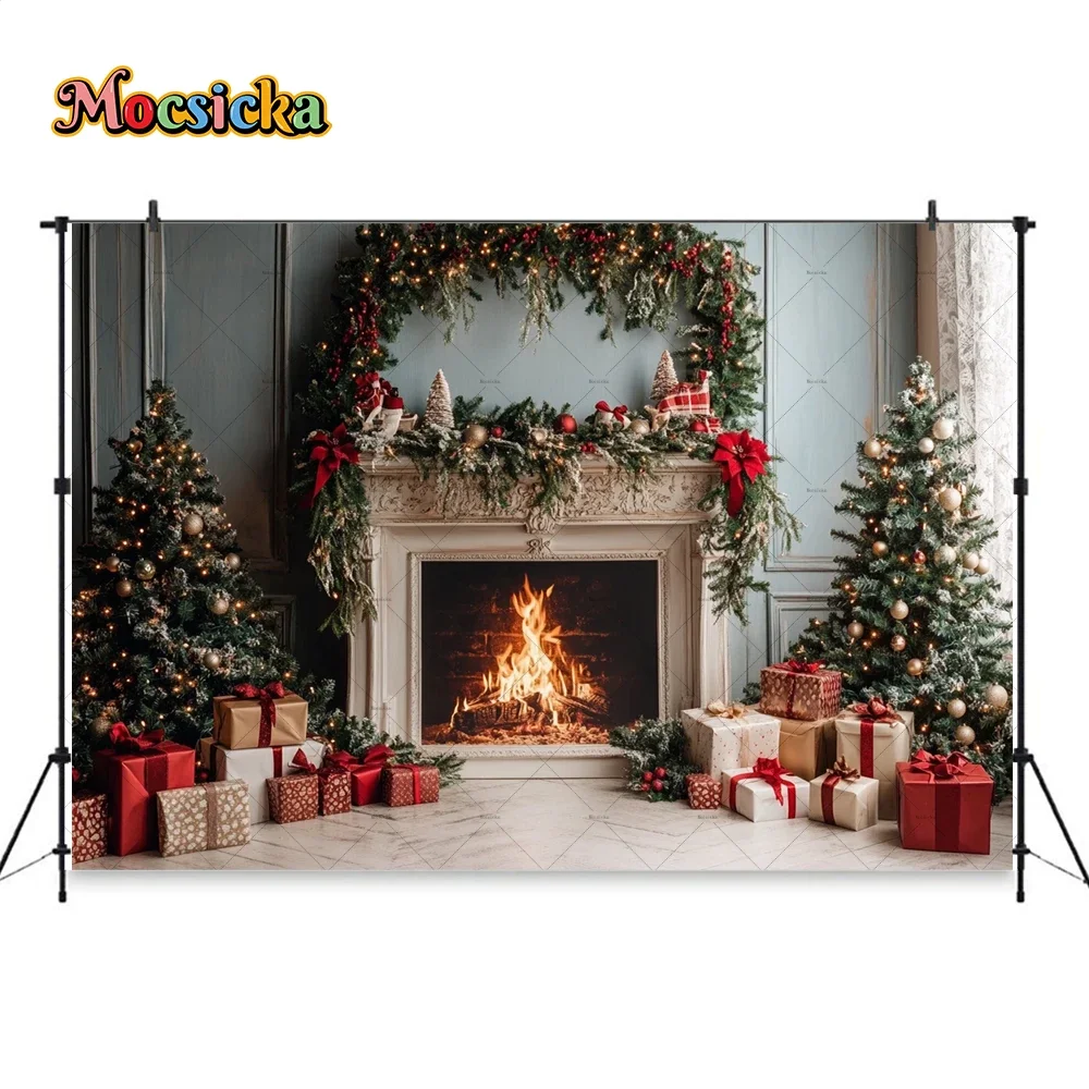 Retro White Fireplace Background for Christmas Photoshoot Green Xmas Tree Wreath Gift Backdrop New Year Room Family Photo Studio