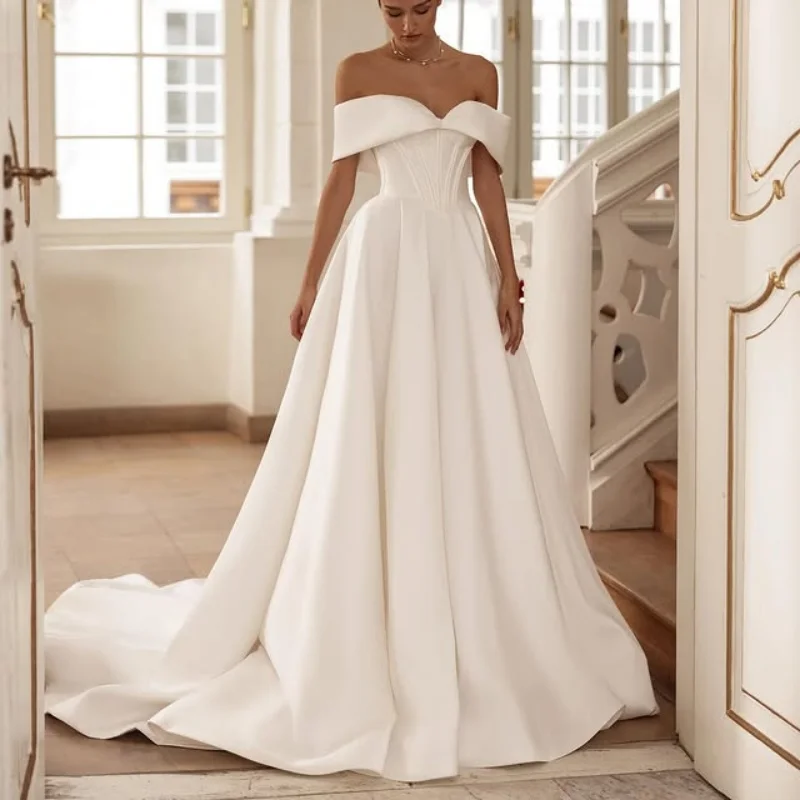 

customized satin ivory Off Shoulder Short Sleeves Sweetheart Ball Gown Wedding Dress With Beading Bridal Gowns