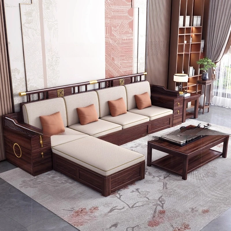 

Ebony wood, new Chinese style, modern simplicity, solid wood sofa, high box storage, living room