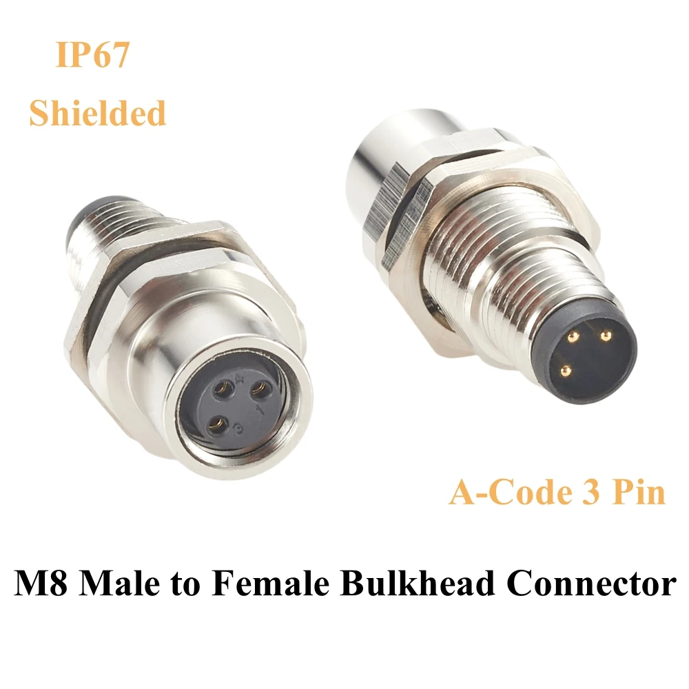 

M8 A-Code 3 Pin Male to Female Bulkhead Connector IP67 Shielded Feedthrough Panel Mount Receptacle Industrial Circular Connector