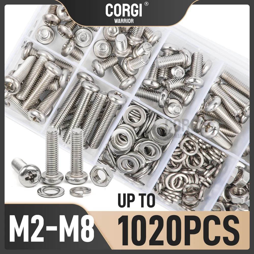 up to 1020 Phillips Machine Screws Assortment Kit Pan Head Bolt M2 M2.5 M3 M4 M5 M6 M8 304 Stainless Steel Nut Washers Wholesale