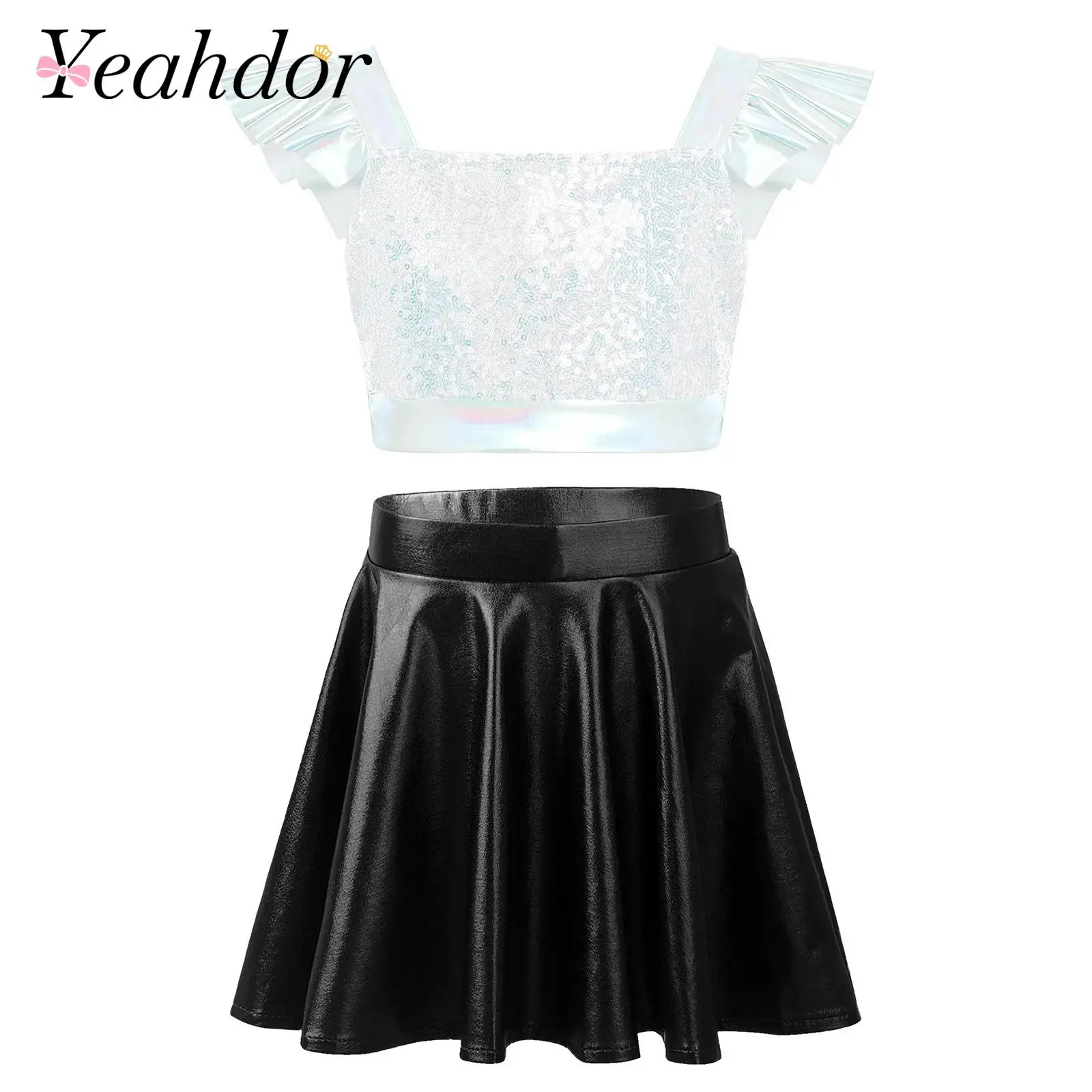 Kids Girls Jazz Dance Performance Cosume 70s 80s Disco Outfit Rave Party Clothes Sparkling Sequin Metallic Crop Top Skirt