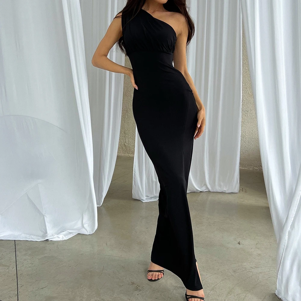 

Customized Temperament One Shoulder Jersey Sleeveless Evening Dress Graceful Pleats Photo Color Vestido De Festa Robe de soirée