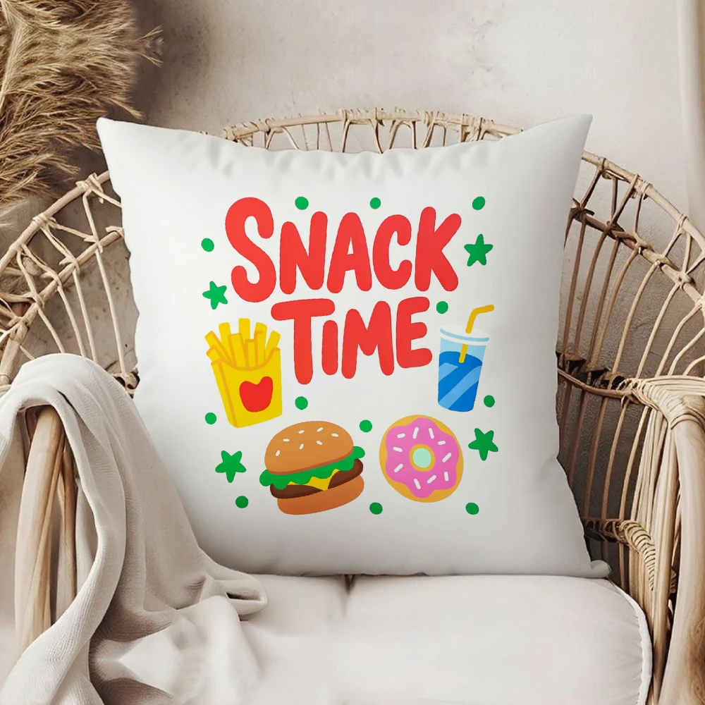 Square Throw Pillow White Snack Time Burger Fries Donut Drink Print Living Room Bedroom Sofa Decor