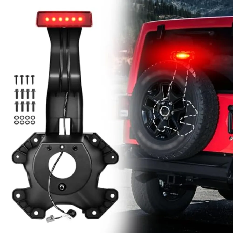 

Spare Tire Holder Bracket with 3rd High Mount Brake Light Wiring Harness Screws Red Lens Compatible with Jeep Wrangler JK 2007-