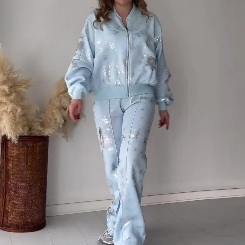 

2025 Spring and Autumn Fashion Sequined Printed Zipper Leisure Sweater Pants Women's Two-piece Suit
