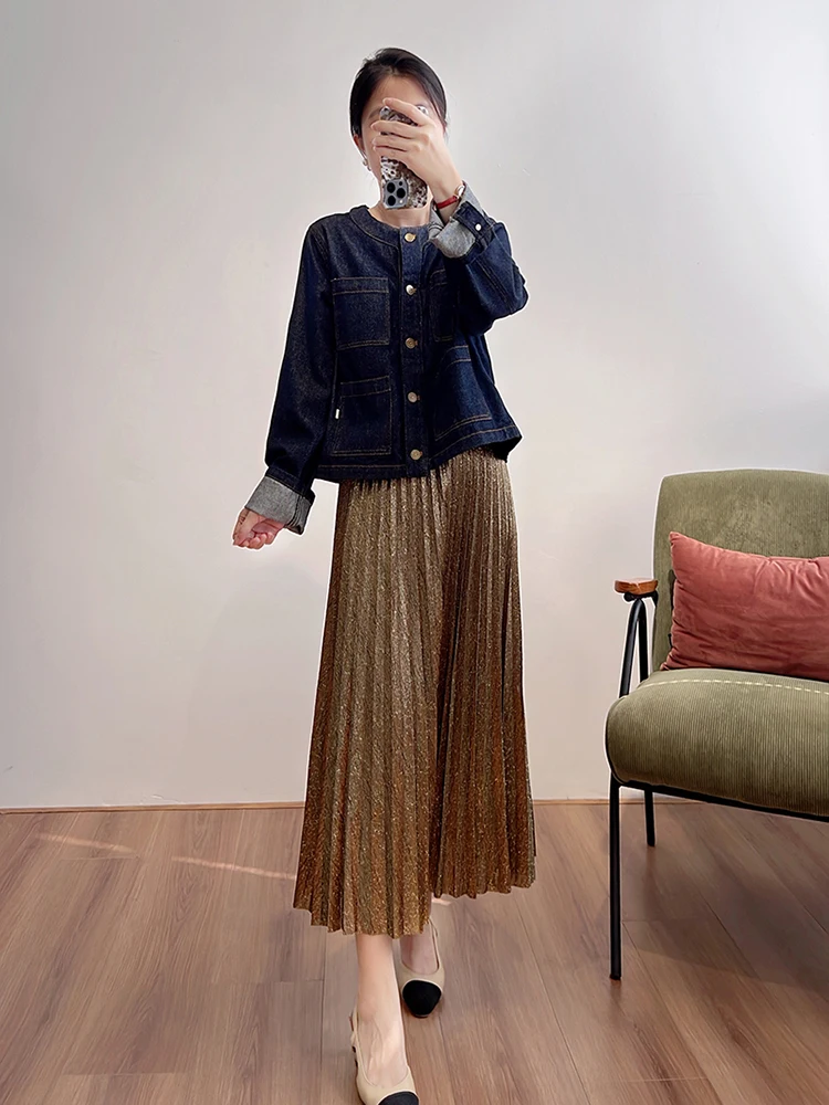 

Modern Gold Tead Champagne Color f Skirt High Waist A-Line Ele Midi Skirt for Women Glowing Faionable