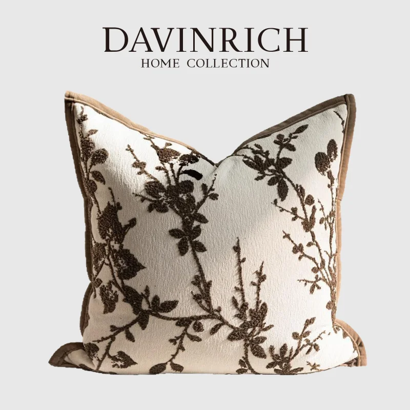 

DAVINRICH Southern French Style Decorative Cushion Cover Dark Brown Floral Branch Embroidery Pillow Case 45x45cm Chic Home Decor