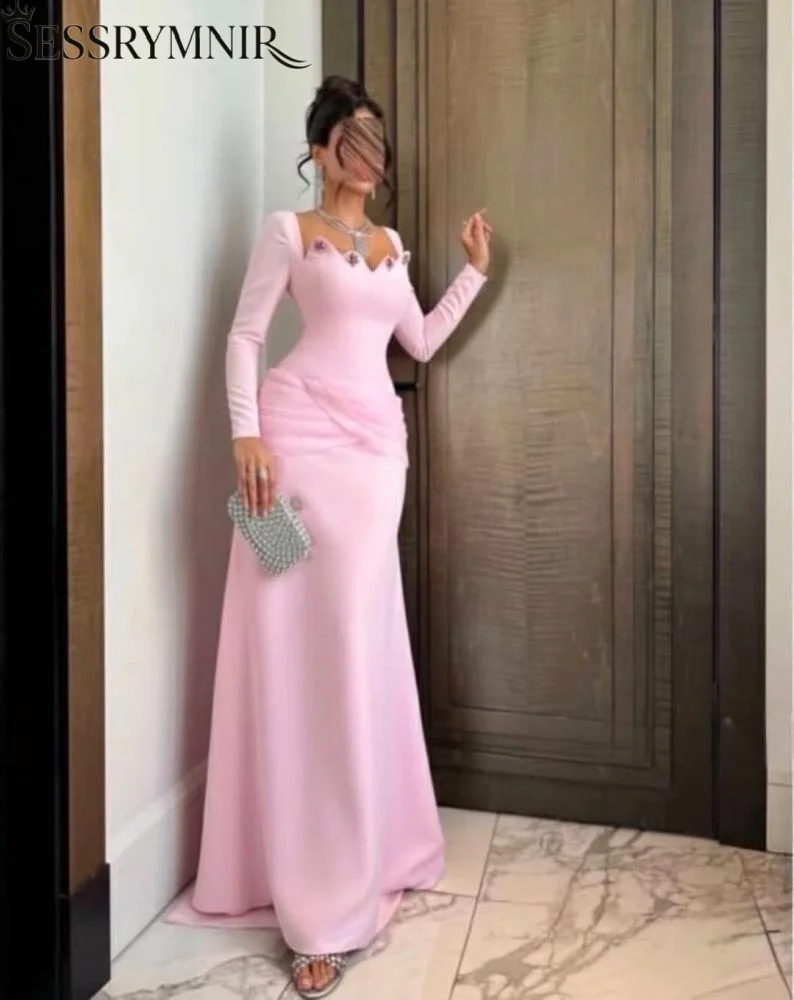 

SESSRYMNIR Women'S Wedding Party Attire Customize Square Neck Flowers Evening Dresses Floor-Length Ruffled Long Sleeves Elegant