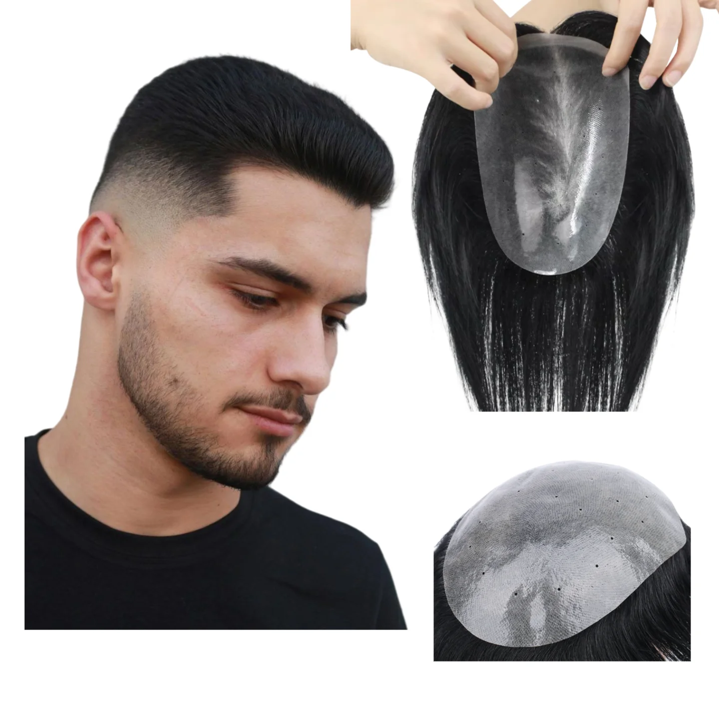 

100% Human Hair Men Toupee Skin PU Base Precisely Hand-Tied Ventilation Natural Hair Direction For The Most Realistic Look