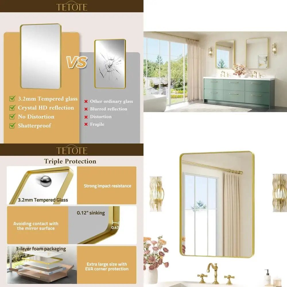 

24 x 32 Wall-Mounted Brushed Gold Tempered Glass Bathroom Mirror with Elegant Frame