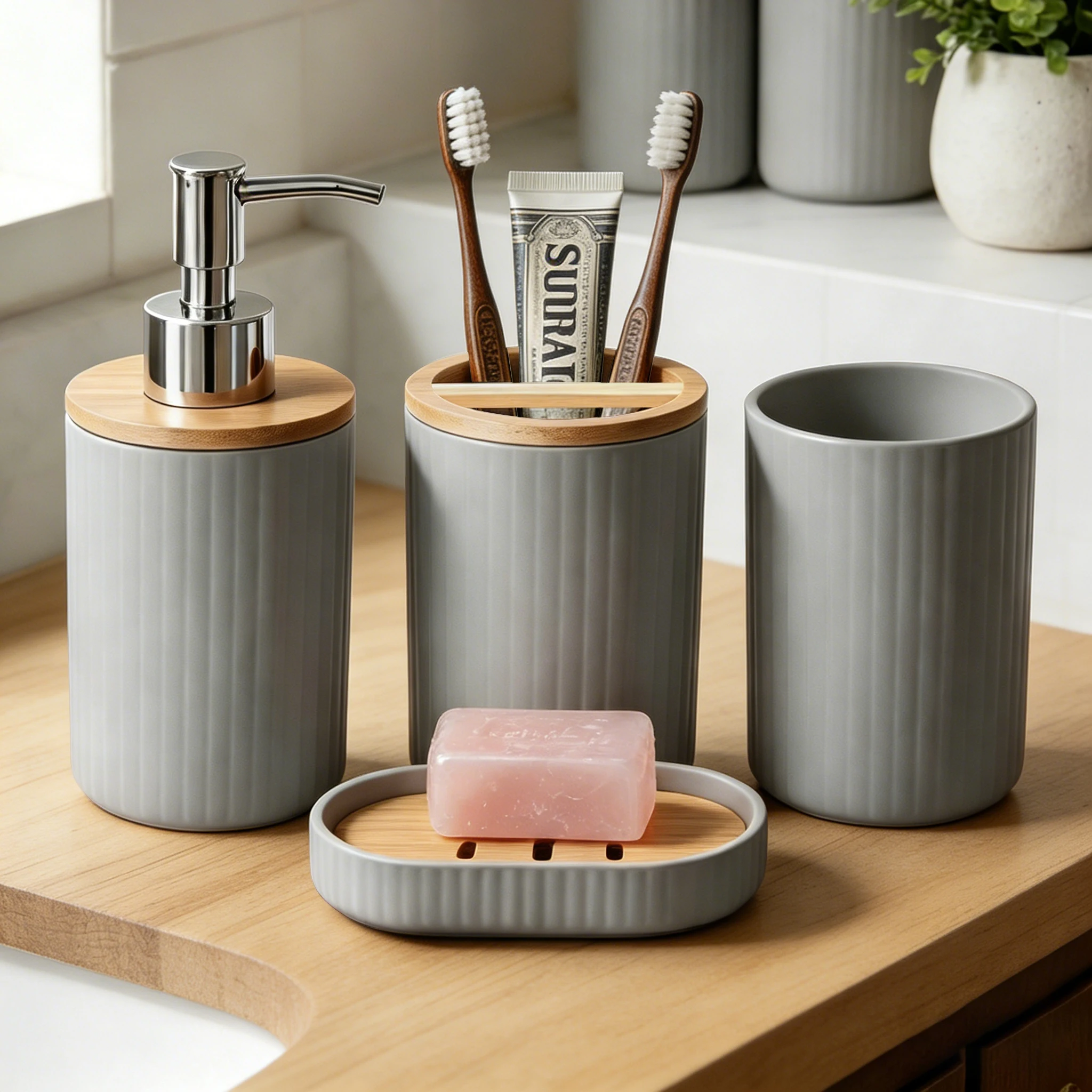 Kreatives Badezimmerzubehör mit Seifenspender, Zahnbürstenhalter, Waschbecher und Seifenbox, Funktionale Badezimmerdekoration für Zuhause, Apartment