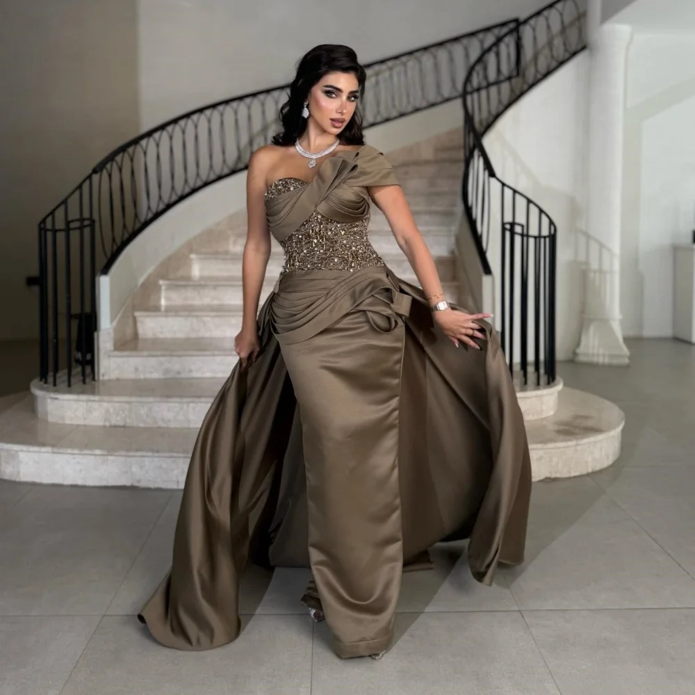 

Customized Fashion Charmeuse Pleat Sequined Column One-shoulder Long Dresses Bespoke Occasion Dresses Sizes Available