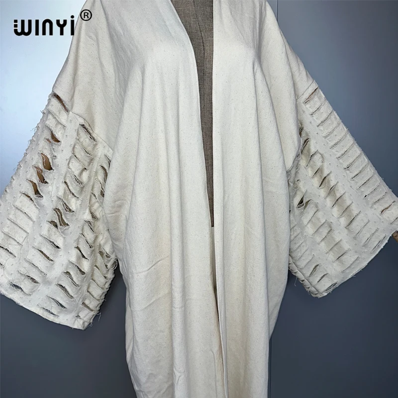WINYI nuevo abrigo maxi kimono para mujer, abrigo con agujeros, cárdigan vaquero, abrigo largo para cubrir, trajes de playa para mujer, abaya de lujo de Dubái