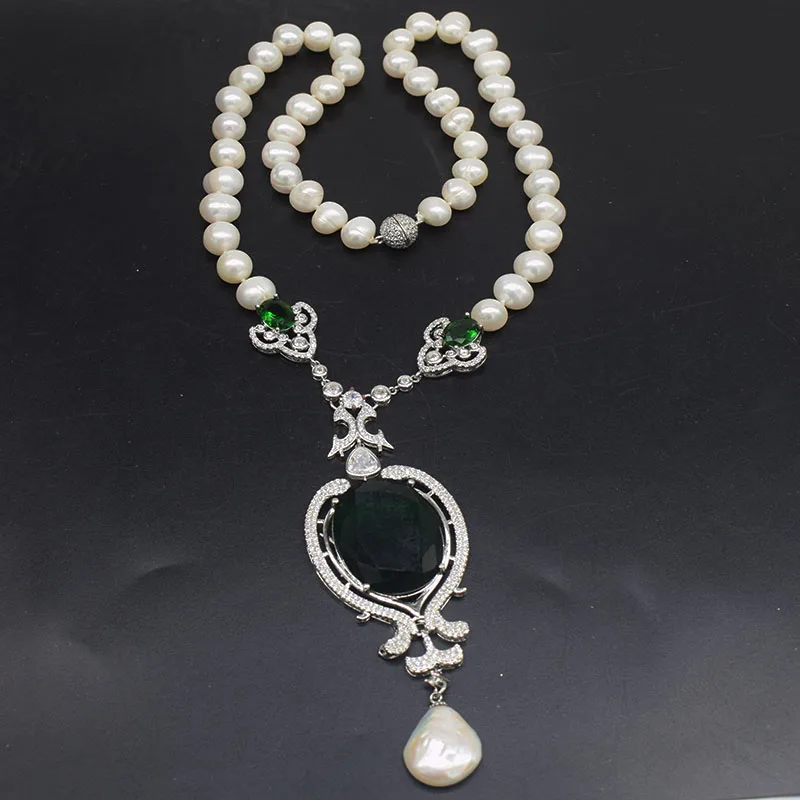 freshwater pearl  white biwa drop baroque reborn keshi green jade pendant sweater necklace - view 4
