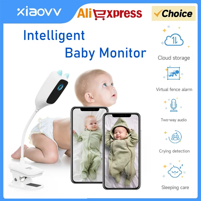 Kamera dla dziecka 4MP XIAOVV z detekcją płaczu, kolorowym trybem nocnym, obrotem o 360 stopni, dwukierunkowym audio, WiFi, do użytku wewnątrz pomieszczeń.