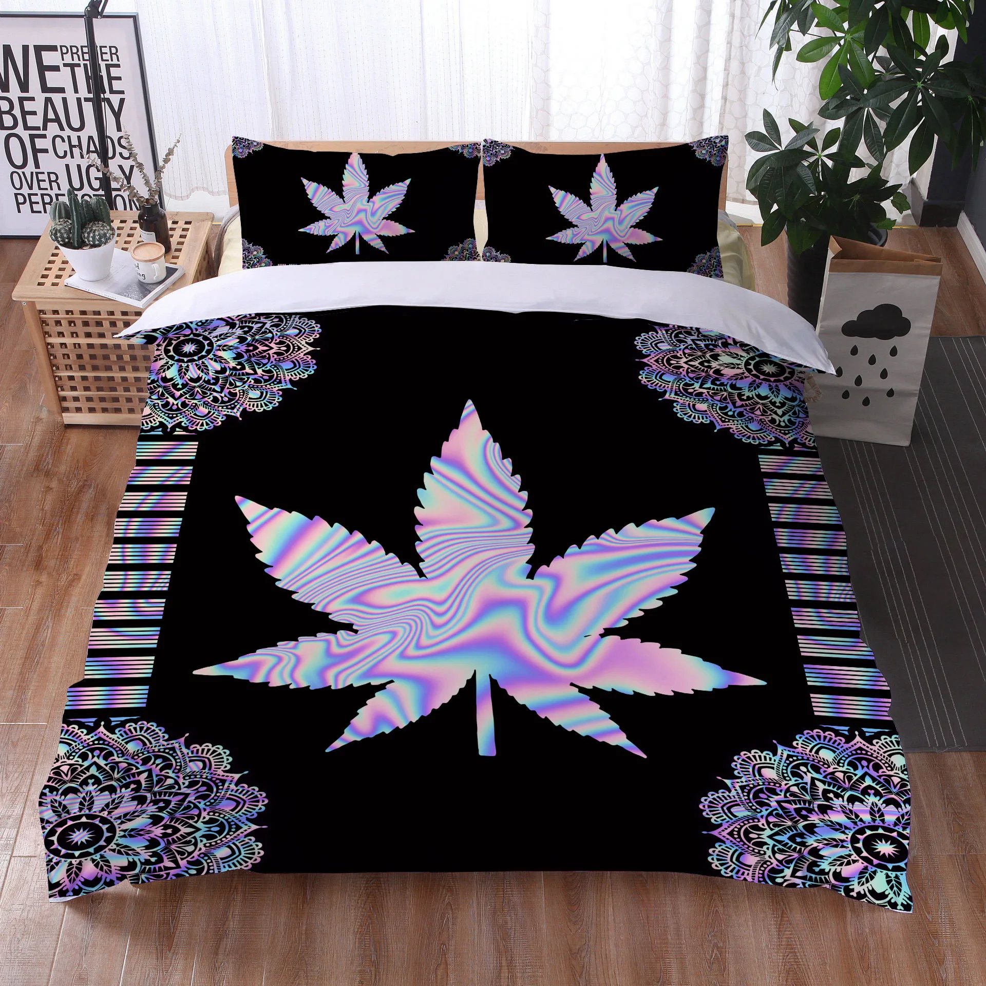 Psychedelic Marijuana Leaf Duvet Cover Set Colorful Cannabis Leaves Bedding Set Microfiber Botanical Weed Hemp Comforter Cover