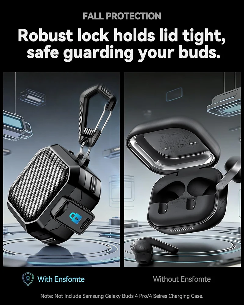 Hülle für Samsung Galaxy Buds 4 Pro 2026 mit Sicherheitsverschluss, Carbonfaser-Cover für Unisex, unterstützt kabelloses Laden, mit Schlüsselanhänger – Detail 5