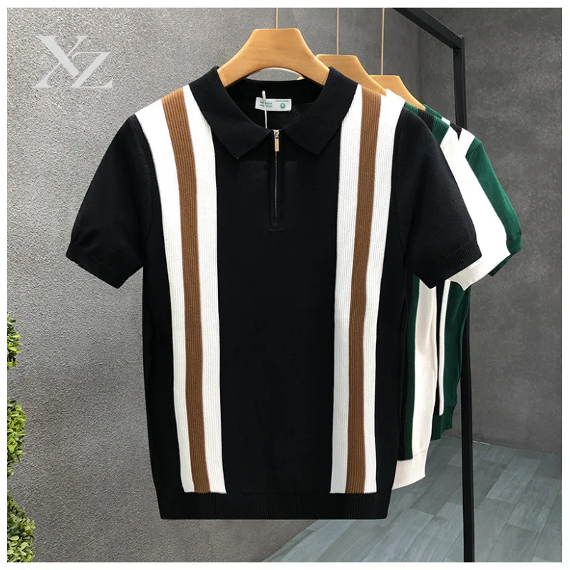Opening Sale |Men's Striped Knit Polo Shirt Short Sleeve Half Zip Casual T-shirt Slim Fit Business Casual Top for Summer