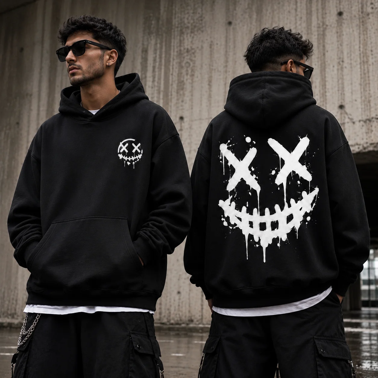 Sudadera con Capucha Y2K Punk X‑Eye Drip Smiley Face Unisex, Estampado de Grafiti de Doble Cara, Sudadera Holgada de Estilo Hip Hop Streetwear