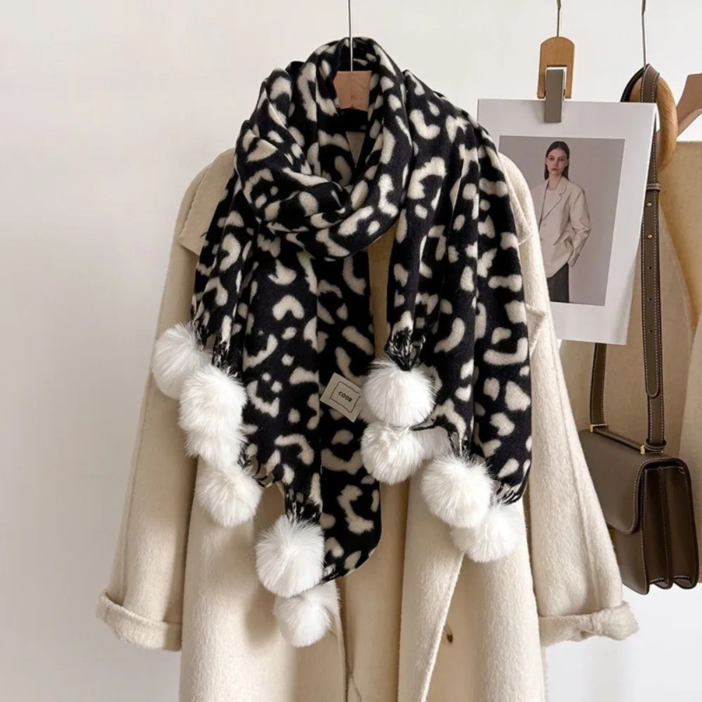 Double Sided Design Faux Cashmere Scarf Soft Warm Material Faux Cashmere Fabric Blanket Scarf Pom Pom Tassel Trim Large Size