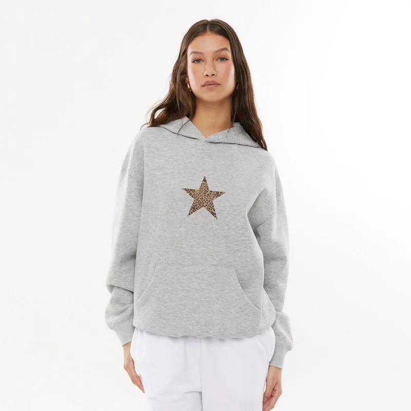 Simple grey leopard print five-pointed star loose hoodie girls basic all-in-one autumn and winter pullover top hoodies