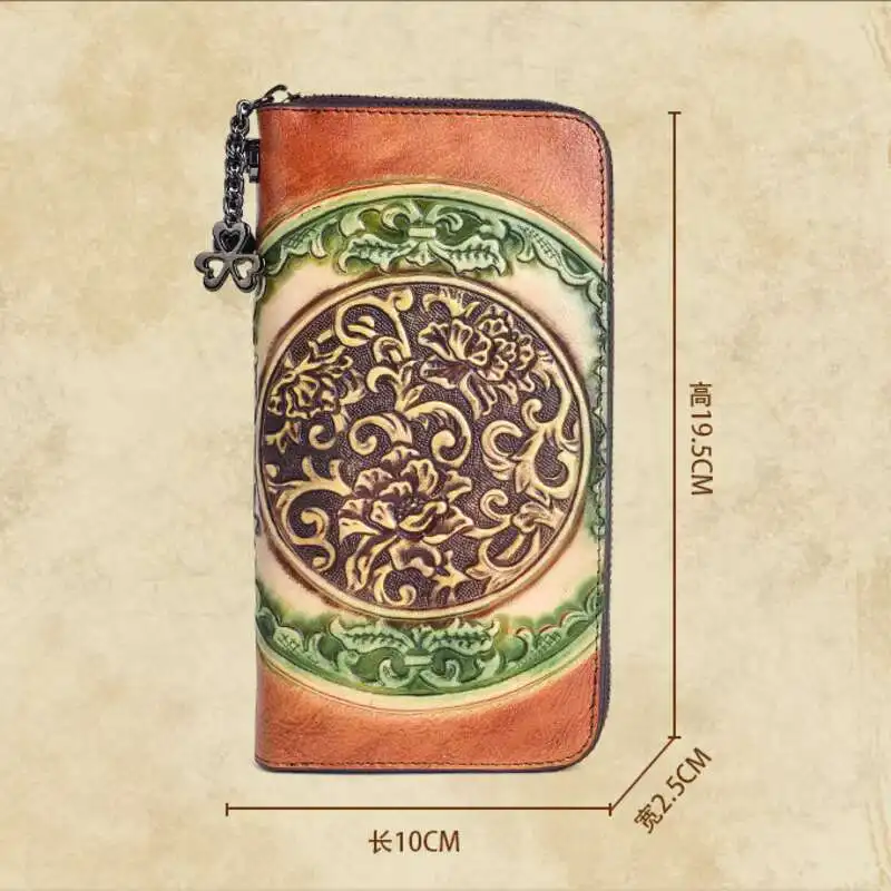 MOTAORA Women's Genuine Cow Leather Wallet – Long Embossed Ethnic Purse with Card Slots & Phone Pocket, Retro Handbag Gift