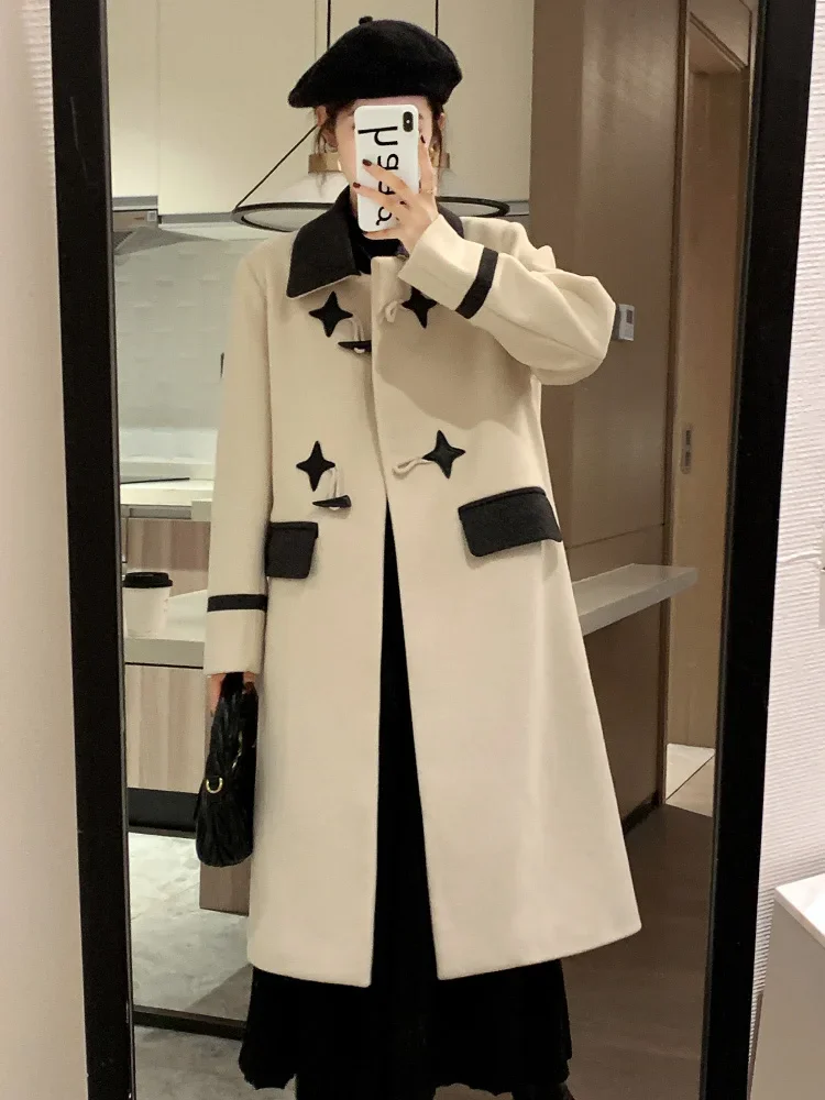 

MiiiiX Patchwork Contrast Horn Button Midi Woolen Coat Women's Autumn Outerwear 2024 New Loose Star Design Sweet Casual Jacket