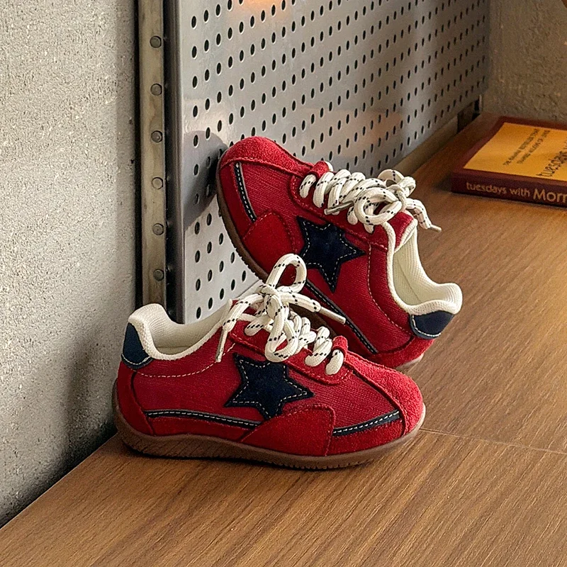 Kids Star Sneakers Boys Girls Retro Suede Casual Shoes Lace-Up Color Block Non-Slip Walking Tennis Shoes for Toddler/Little Kid