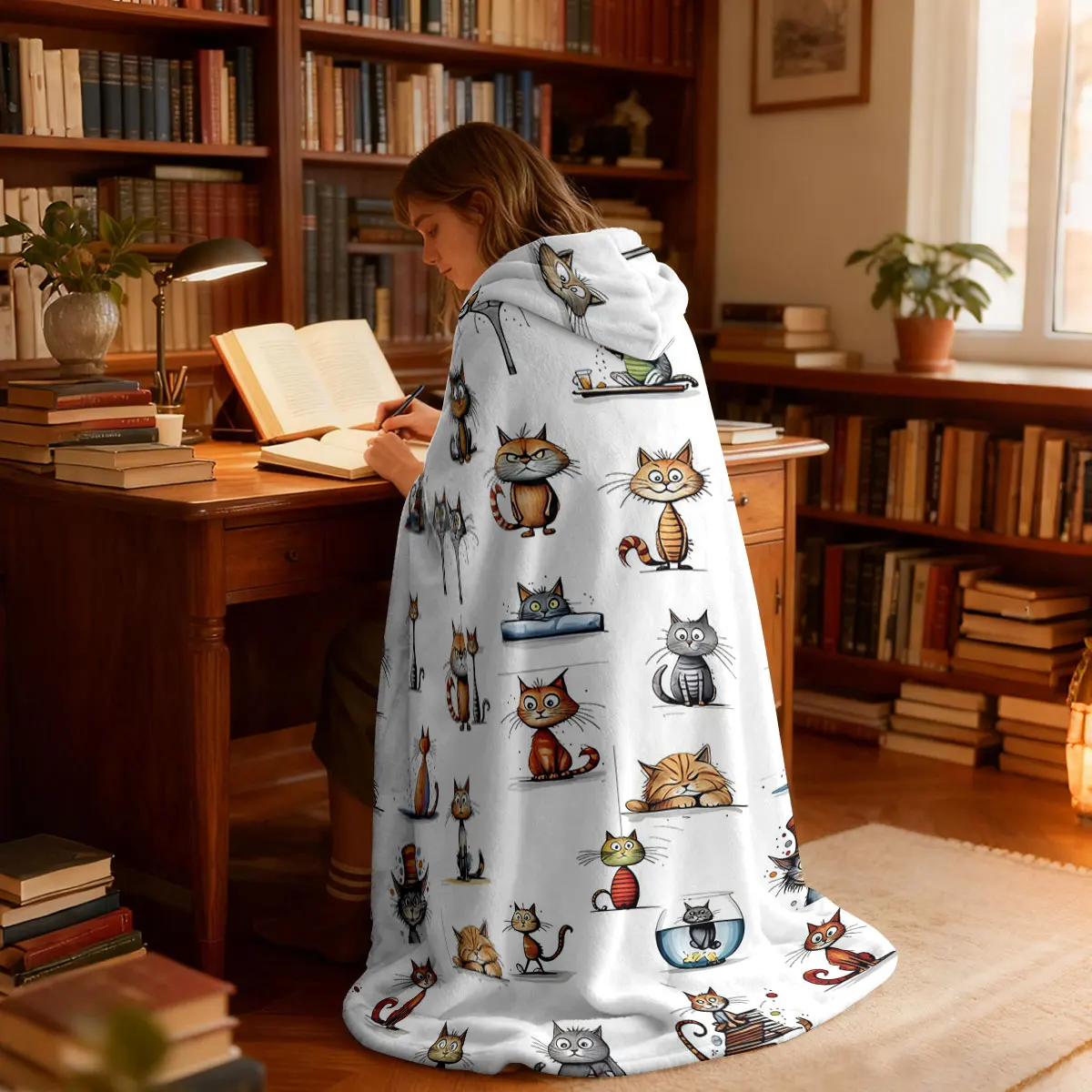 1pc various cute cartoon kitten pattern flannel hoodie, which can be worn as a cape or blanket multiple sizes view 2