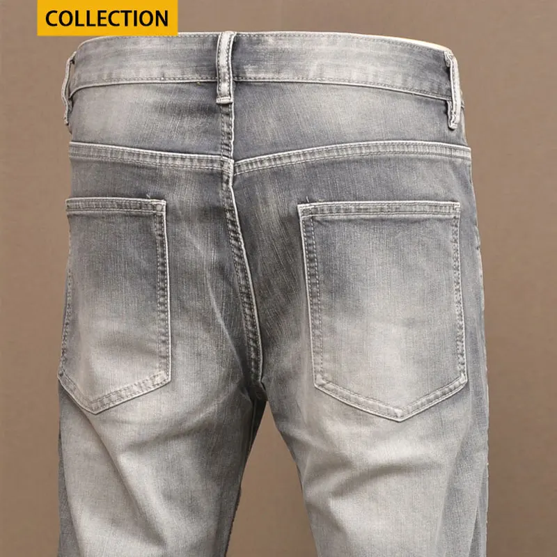 Celana Jeans pria mode jalan, celana Jeans Denim melar Slim Fit Retro, celana pensil pengendara sepeda motor desainer tambalan untuk pria