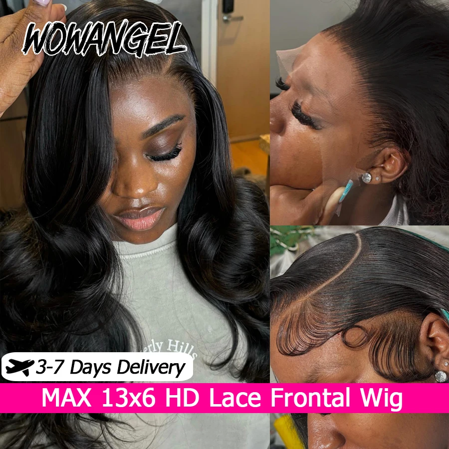 

WOWANGEL Jet Black 13x6 HD Lace Full Frontal Wig Body Wave Human Hair Wig Pre Bleached SkinLike HD Lace Wig Preplucked For Women