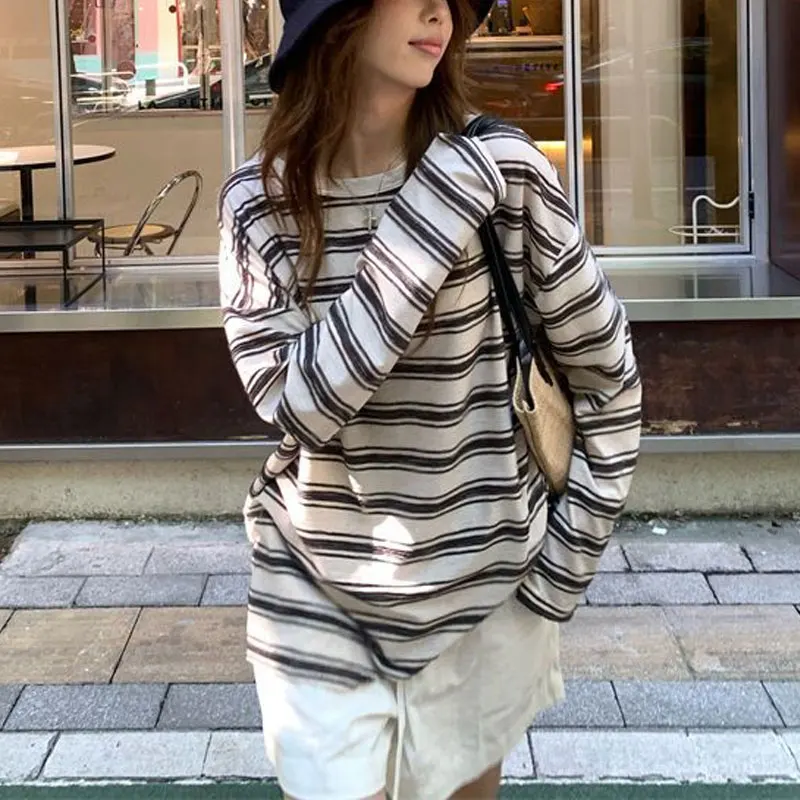 American Retro Contrasting Colors T-shirts Spring Autumn Striped Women's Clothing Fashion Loose Casual Long Sleeve Pullovers New