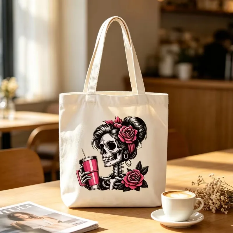 Personalized Sugar Skull Canvas Tote Bags Custom Name Roses Gothic Day of the Dead Grocery Shopping Bag Reusable for Women Gifts