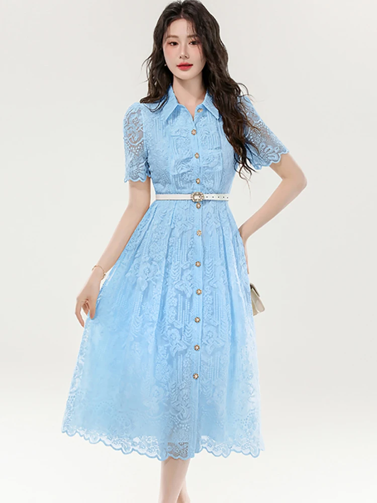Damen Blaues Spitzen-Jacquard-Chic-Bandage-Maxikleid Sommer Kurzarm Polokragen Freizeitkleid 2026 Koreanisches Elegantes Bodycon-Kleid