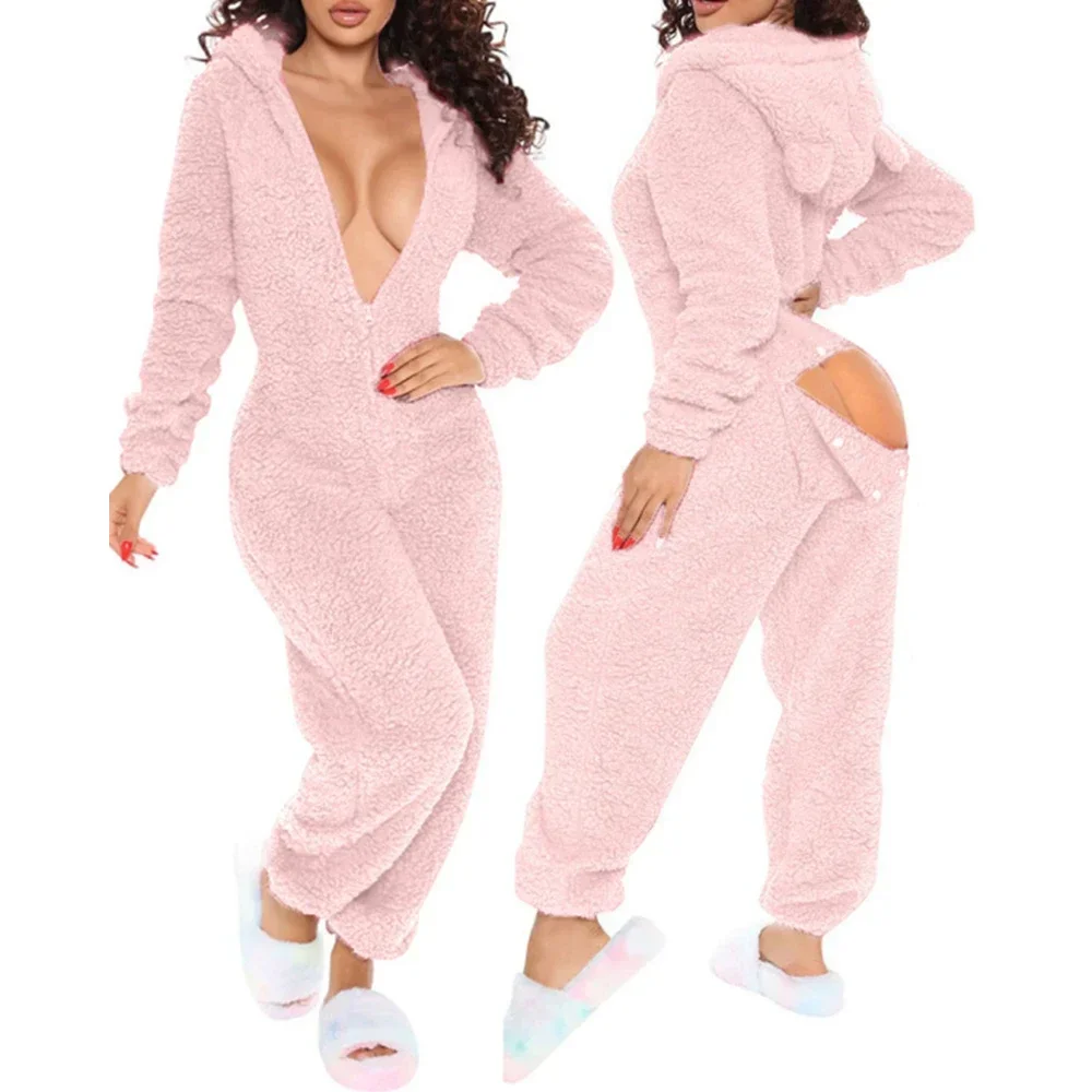 Women's Winter Warm Onesies Fleece Romper Pajamas Solid Open Design Long-Sleeve Zipper V Neck Hooded Sleepwear Sexy Homewear NEW
