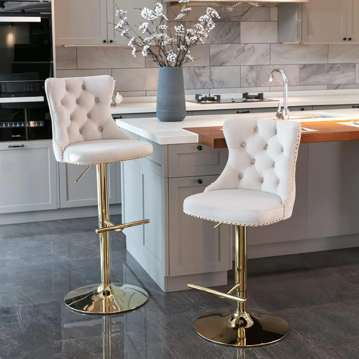 

Swivel Bar Stools Set Of 2, Adjustable Velvet Counter Height Barstools With High Ba & Nailheads Trim, Modern Upholstered Bar