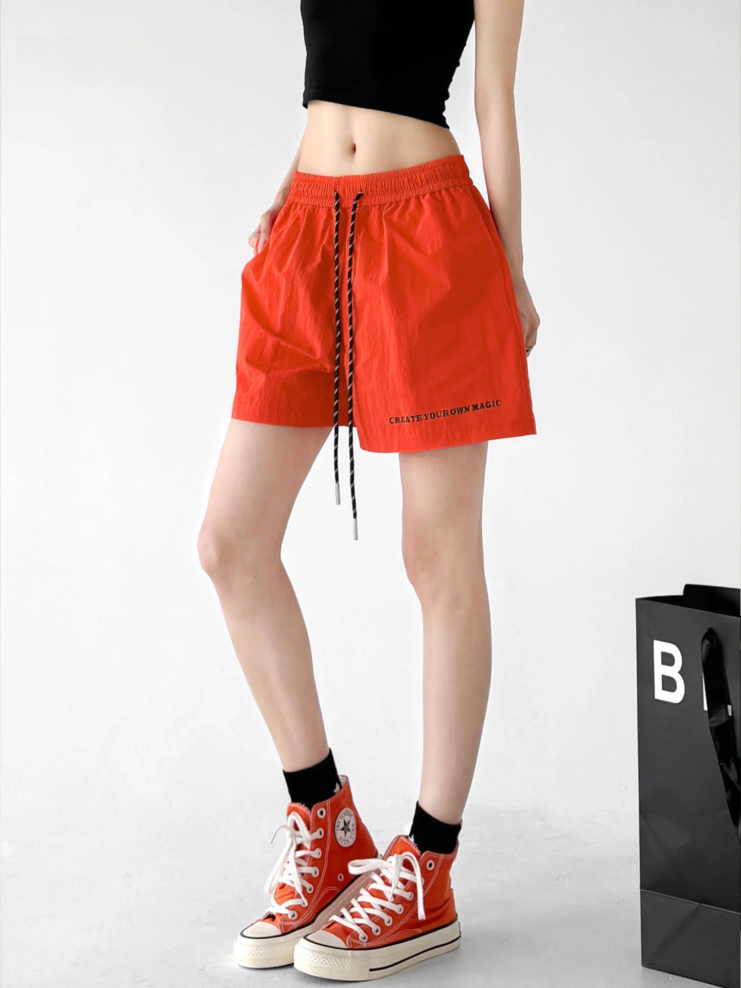 

Orange Loose Sports Shorts Women's 2026 Summer New High Waist Commute Style Wide Leg Pants Student Casual Versatile Trousers