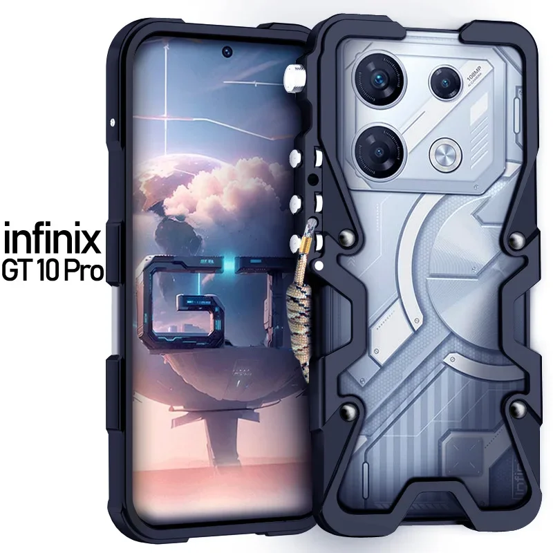 New! Armor Metal Aluminum Phone Cases Bumper For Infinix GT 10 GT10 Pro Cover Mechanical Purely Handmade Skull Case