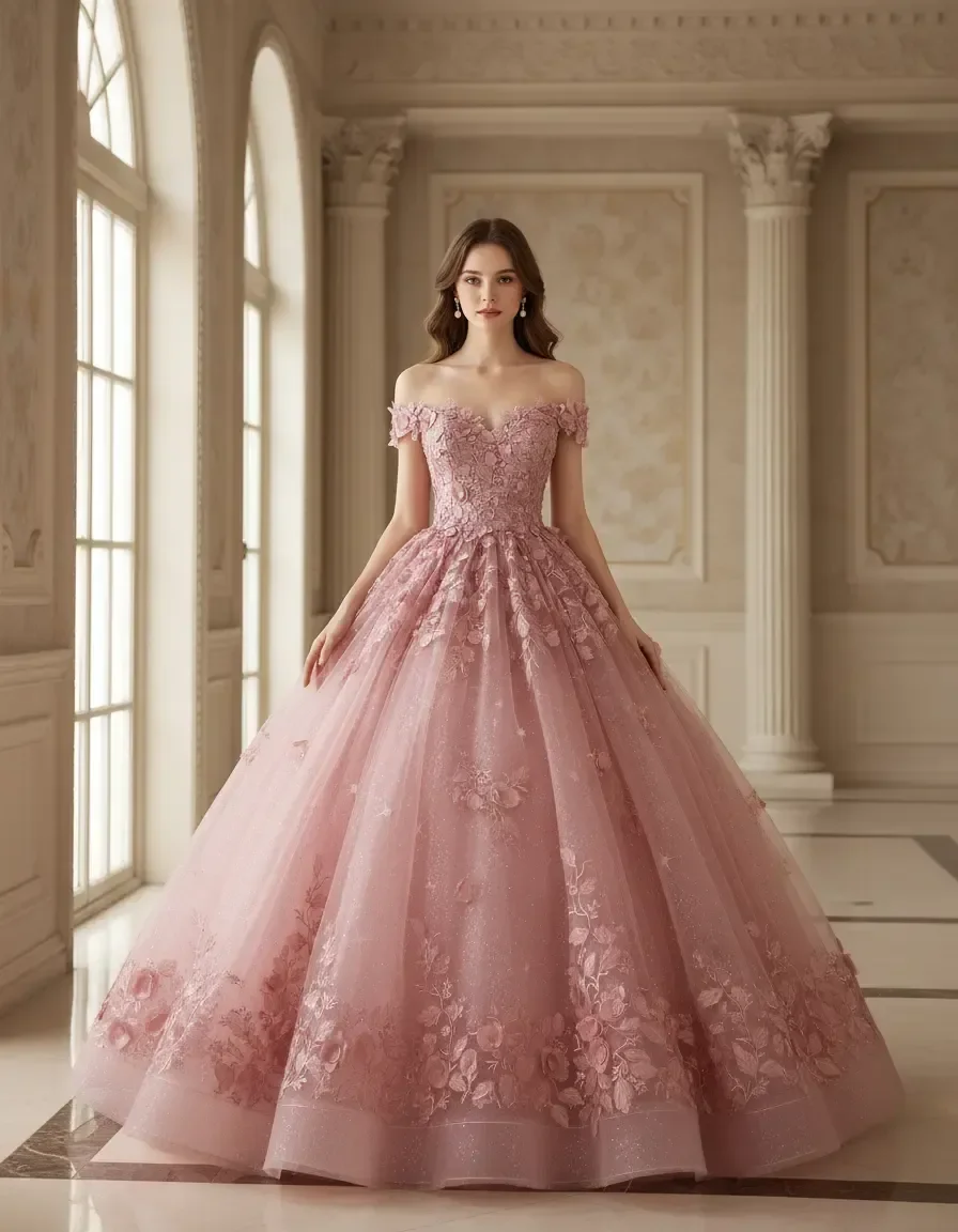 Pink Off Shoulder 3D Floral Ball Gown Quinceanera Dress Prom Graduation Gown Wedding Host Evening Party Birthday Formal Dress