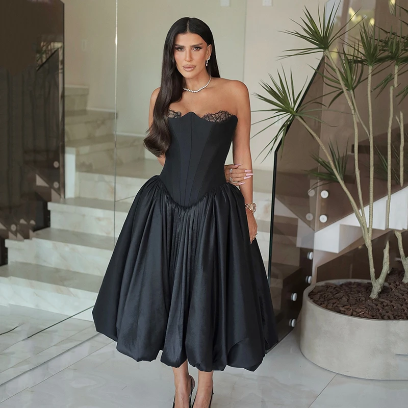 Thinyfull Black A-Line Prom Evening Dresses Sweetheart Lace Tea Length Party Dress Formal Satin Cocktail Prom Gowns Customized