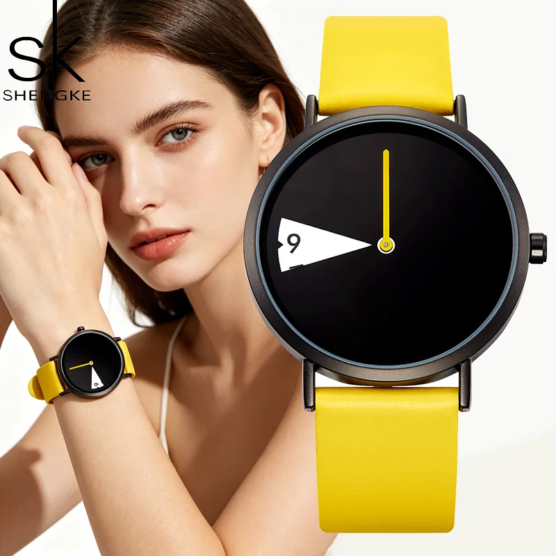 

Shengke Top Women Watch Creative Wristwatch Ladies Watch Rotate Yellow Leather Band Wristwatches Clock Montres Femme Reloj Mujer