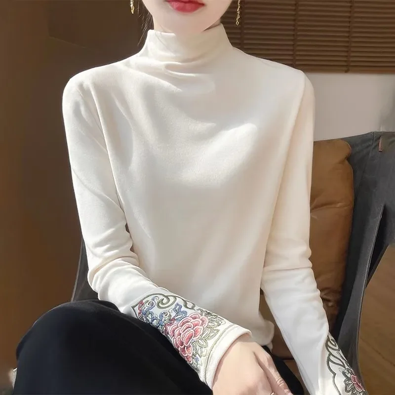 Women Chinese Style Half Turtleneck Dralon Long Sleeve Top Cuff Peony Embroidery Slim Warm Base Layer Shirt